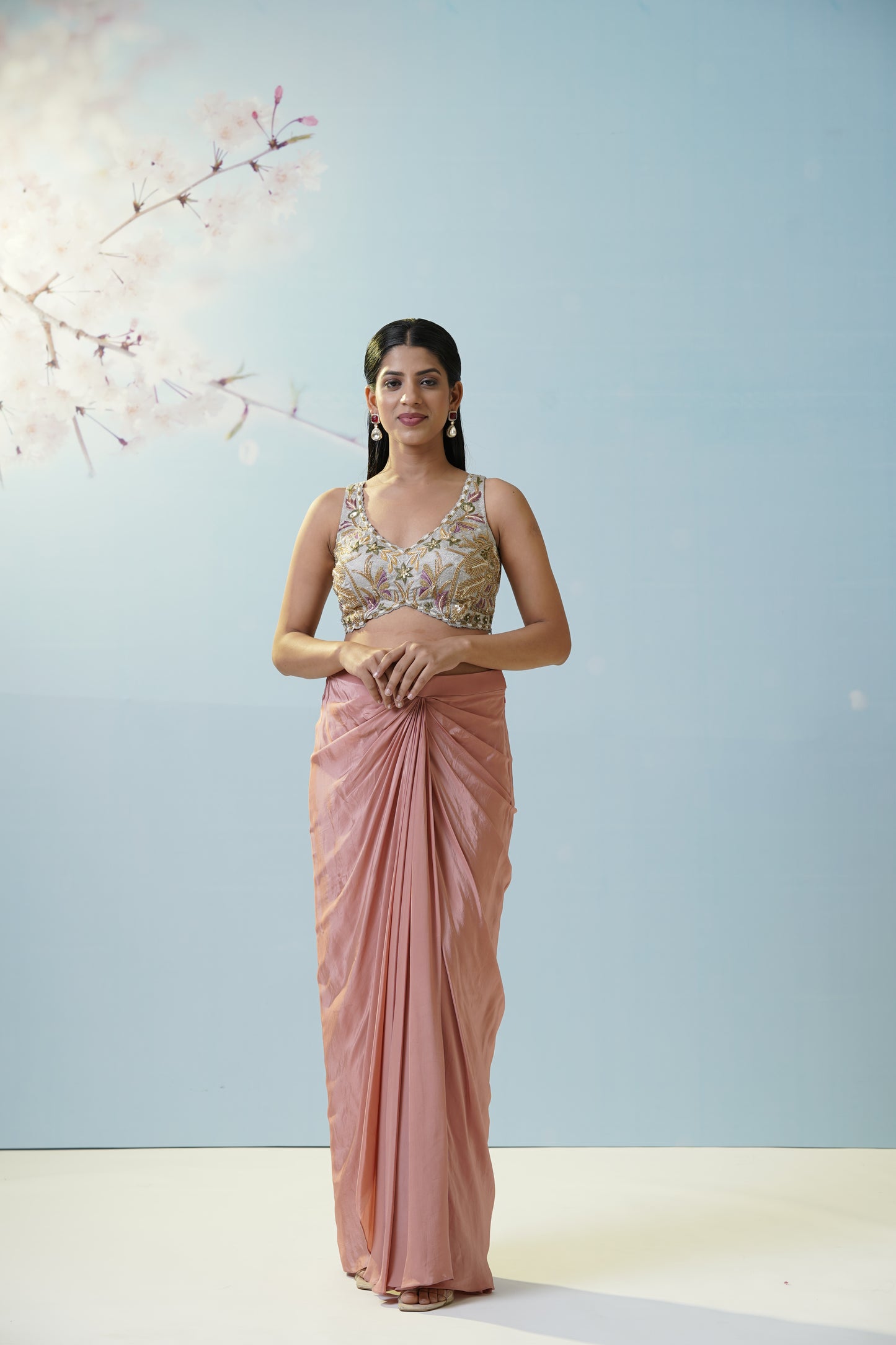 Blush Pink Skirt With Embroidered Blouse