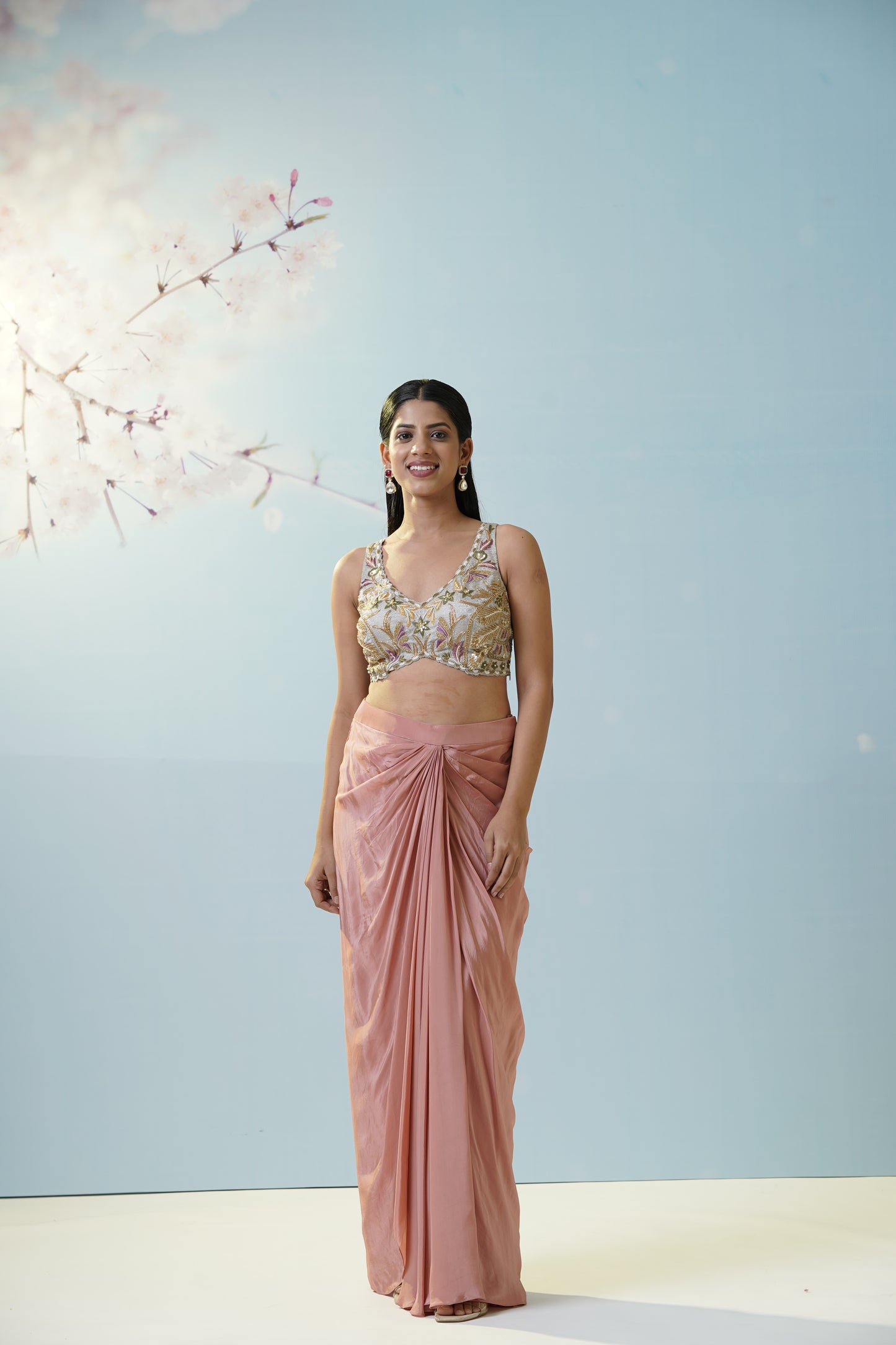 Blush Pink Skirt With Embroidered Blouse