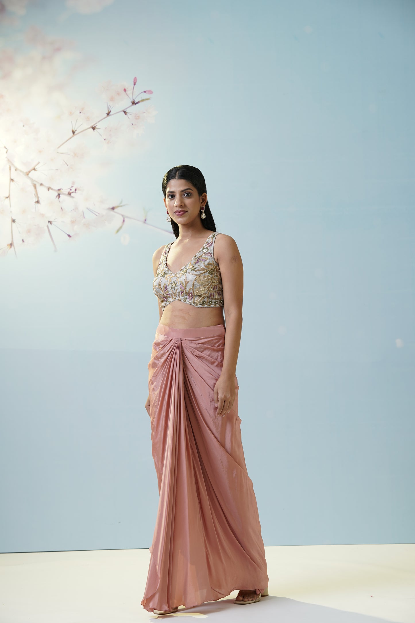 Blush Pink Skirt With Embroidered Blouse