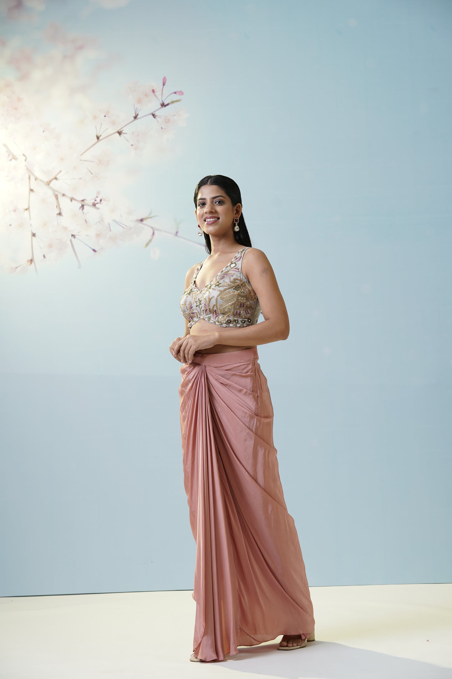 Blush Pink Skirt With Embroidered Blouse