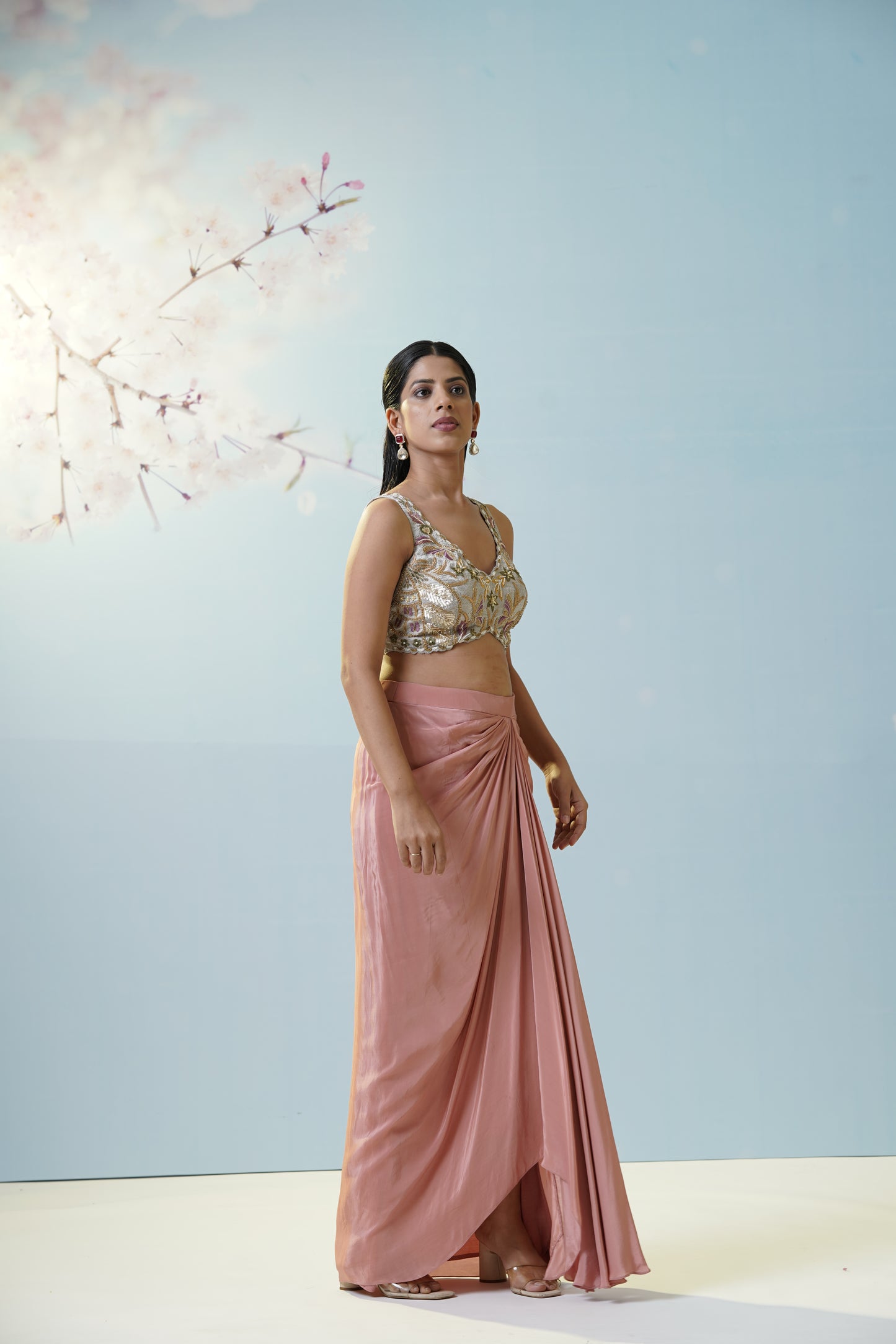 Blush Pink Skirt With Embroidered Blouse