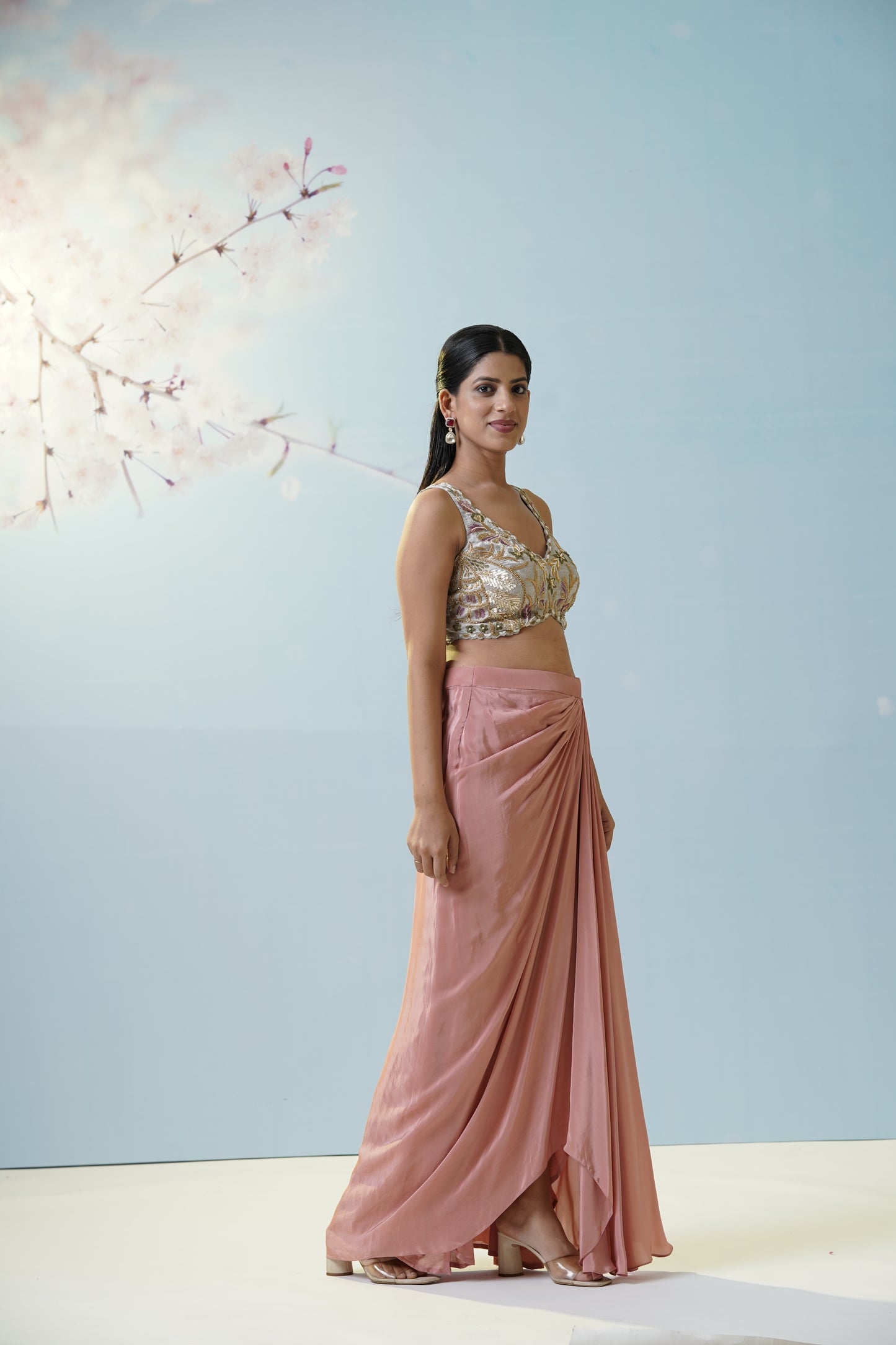 Blush Pink Skirt With Embroidered Blouse