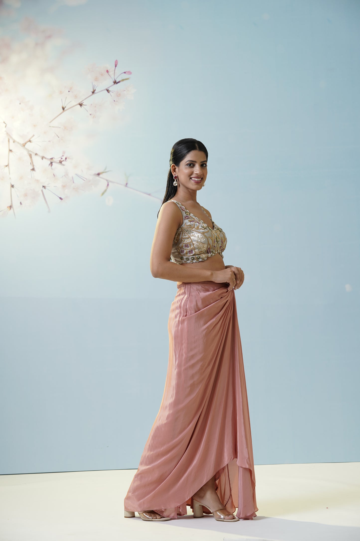 Blush Pink Skirt With Embroidered Blouse