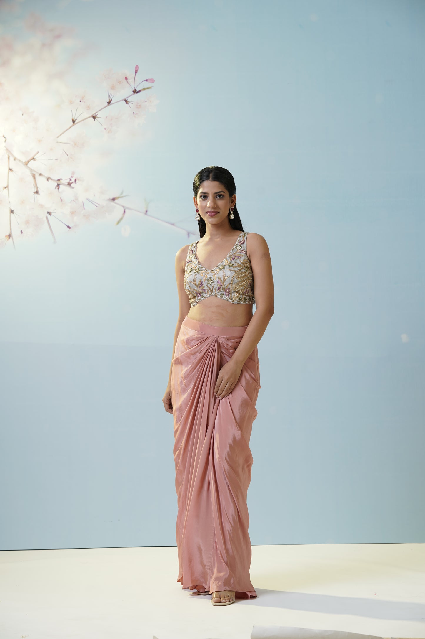 Blush Pink Skirt With Embroidered Blouse