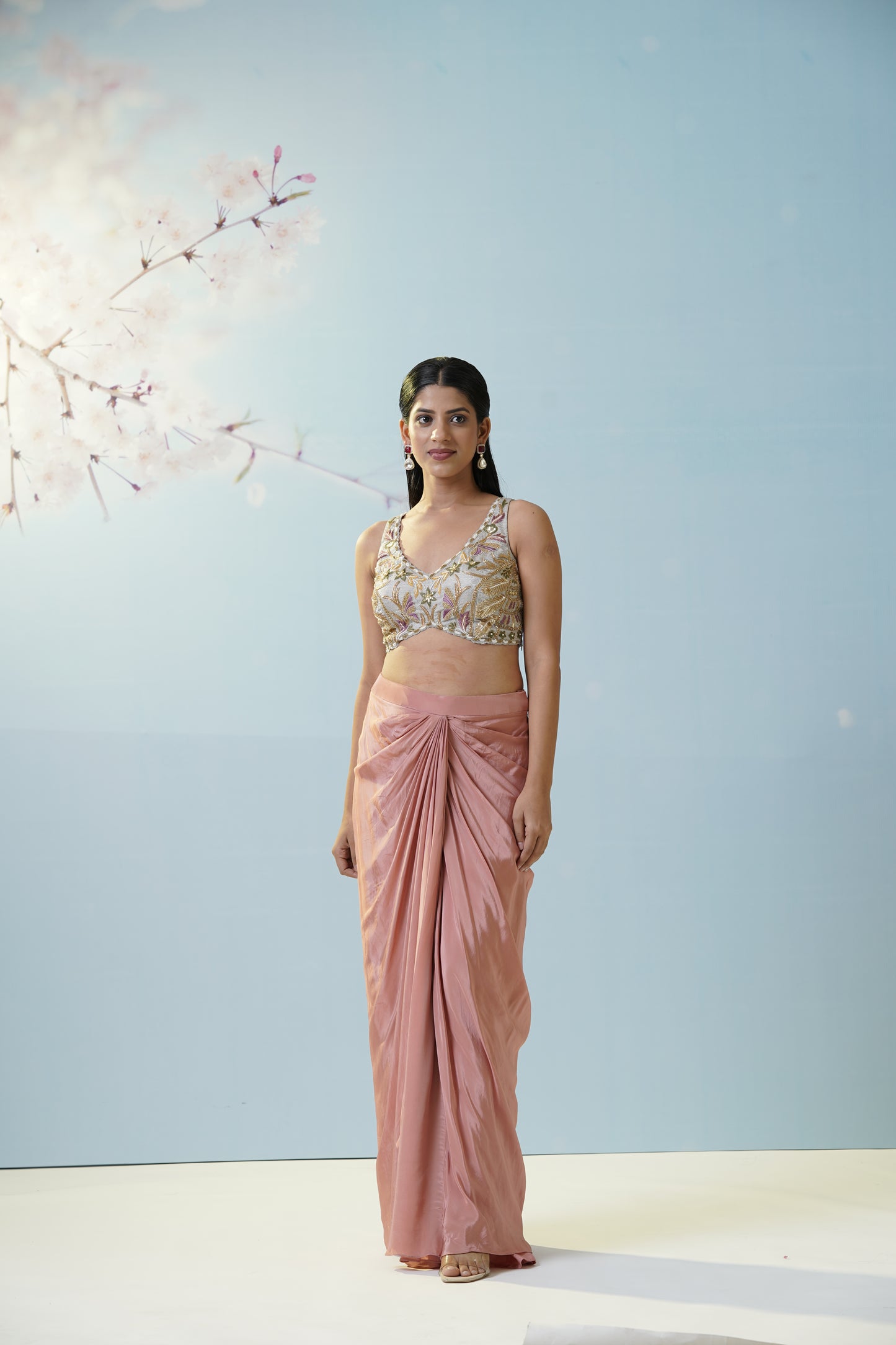 Blush Pink Skirt With Embroidered Blouse