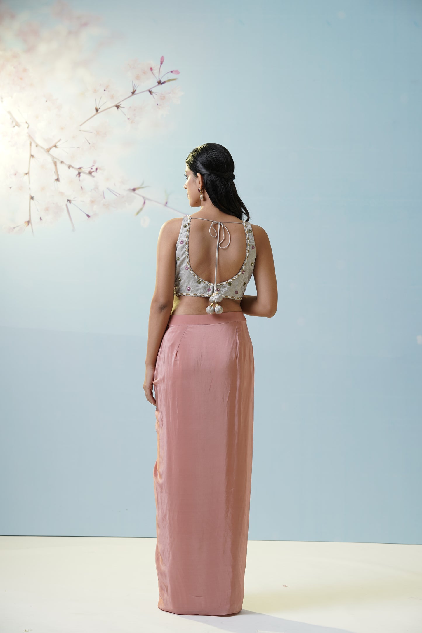 Blush Pink Skirt With Embroidered Blouse