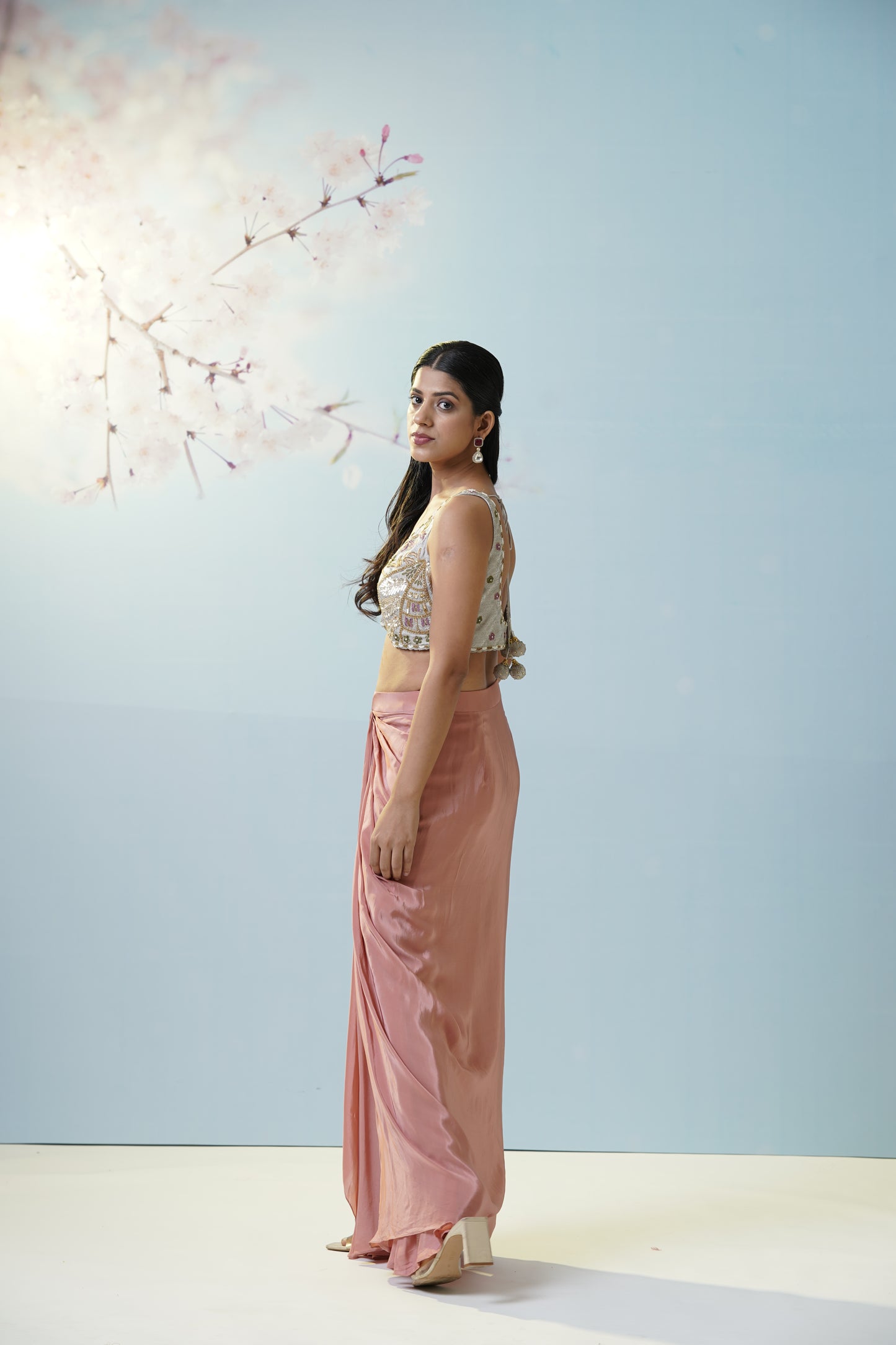 Blush Pink Skirt With Embroidered Blouse