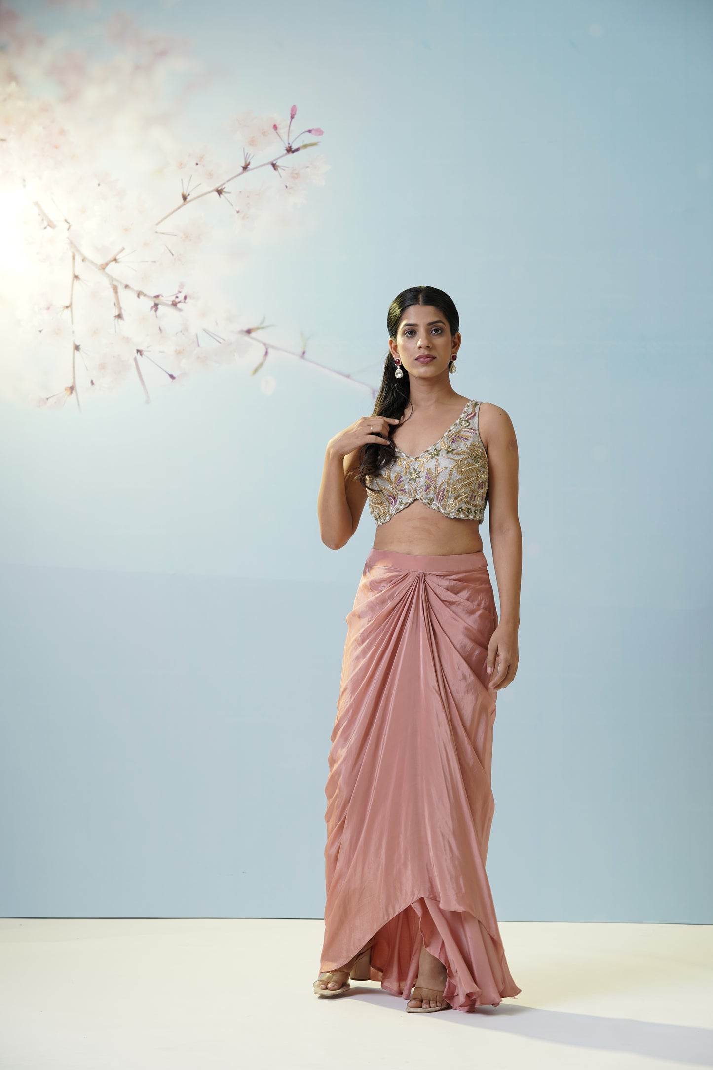 Blush Pink Skirt With Embroidered Blouse