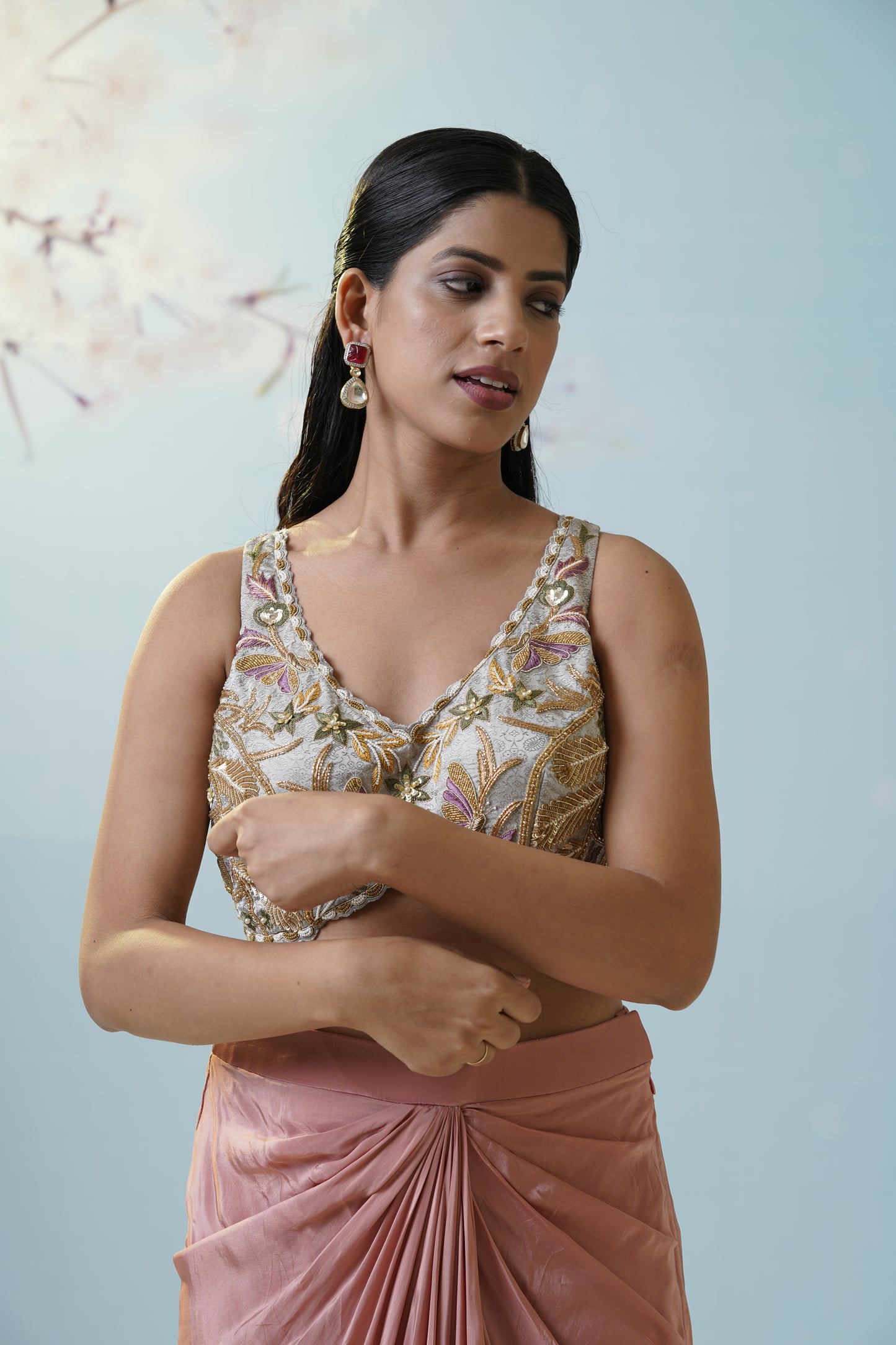 Blush Pink Skirt With Embroidered Blouse