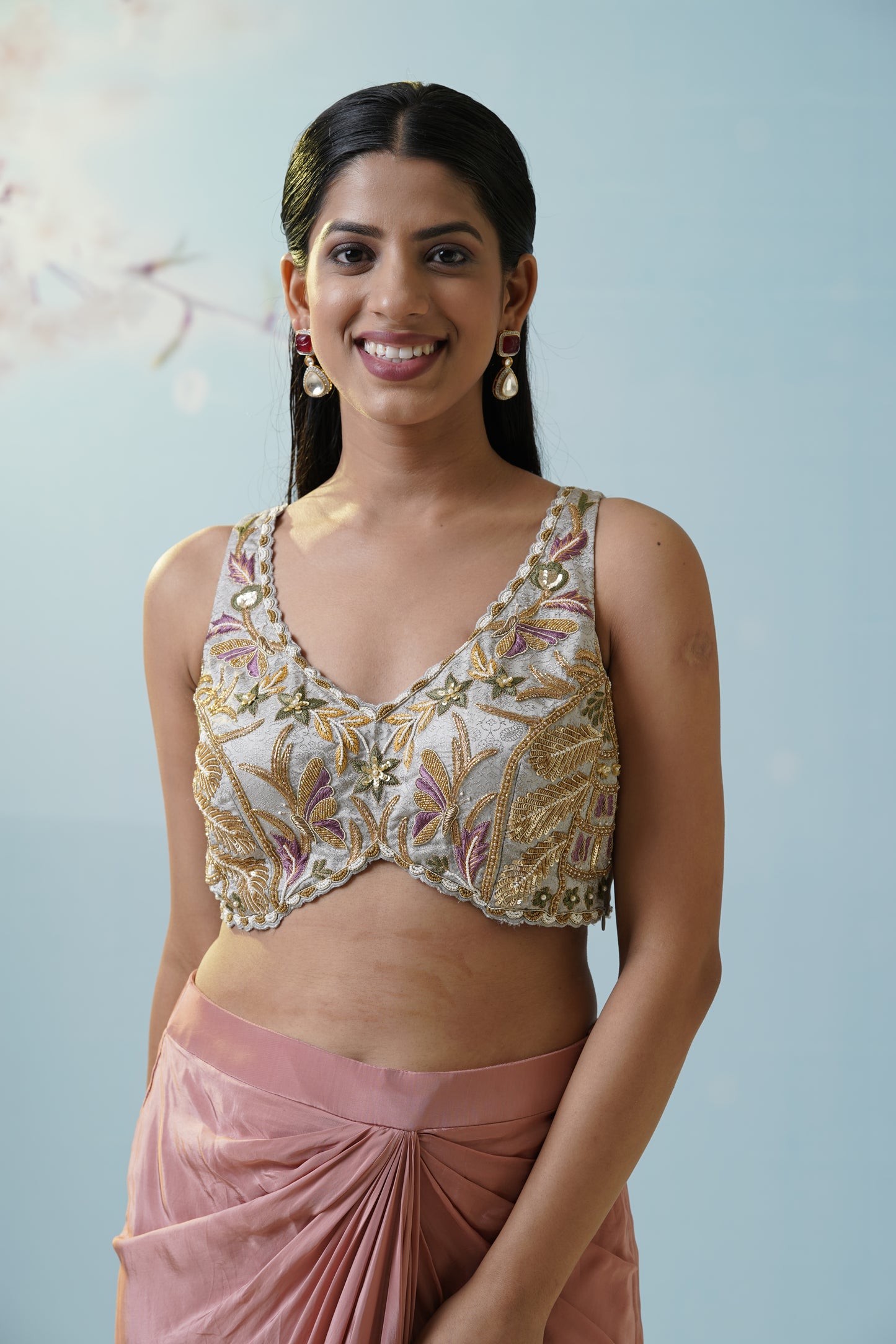 Blush Pink Skirt With Embroidered Blouse