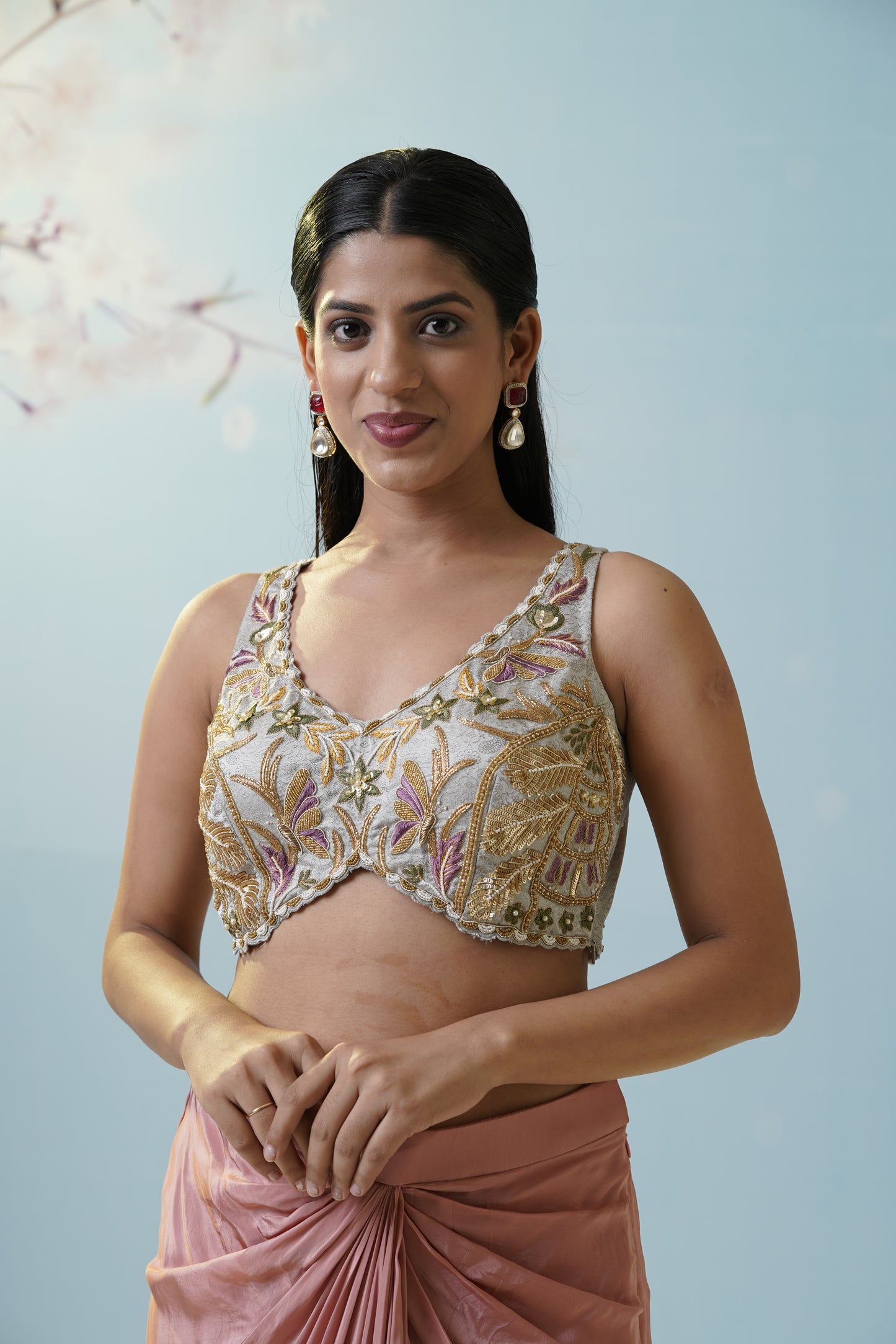 Blush Pink Skirt With Embroidered Blouse