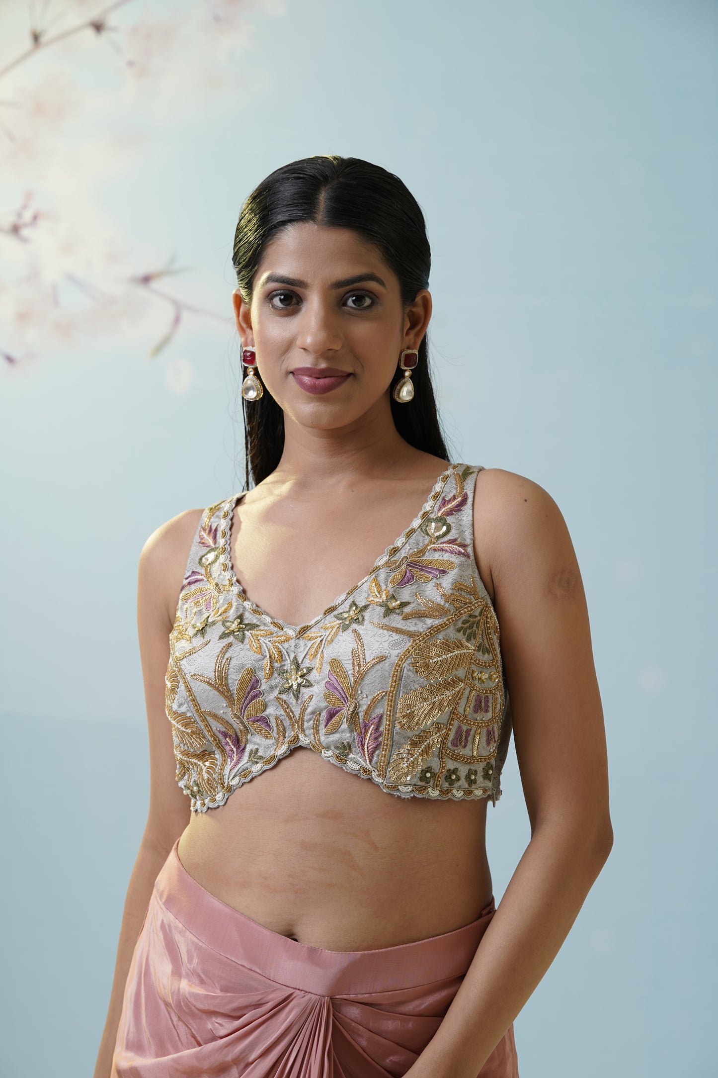 Blush Pink Skirt With Embroidered Blouse