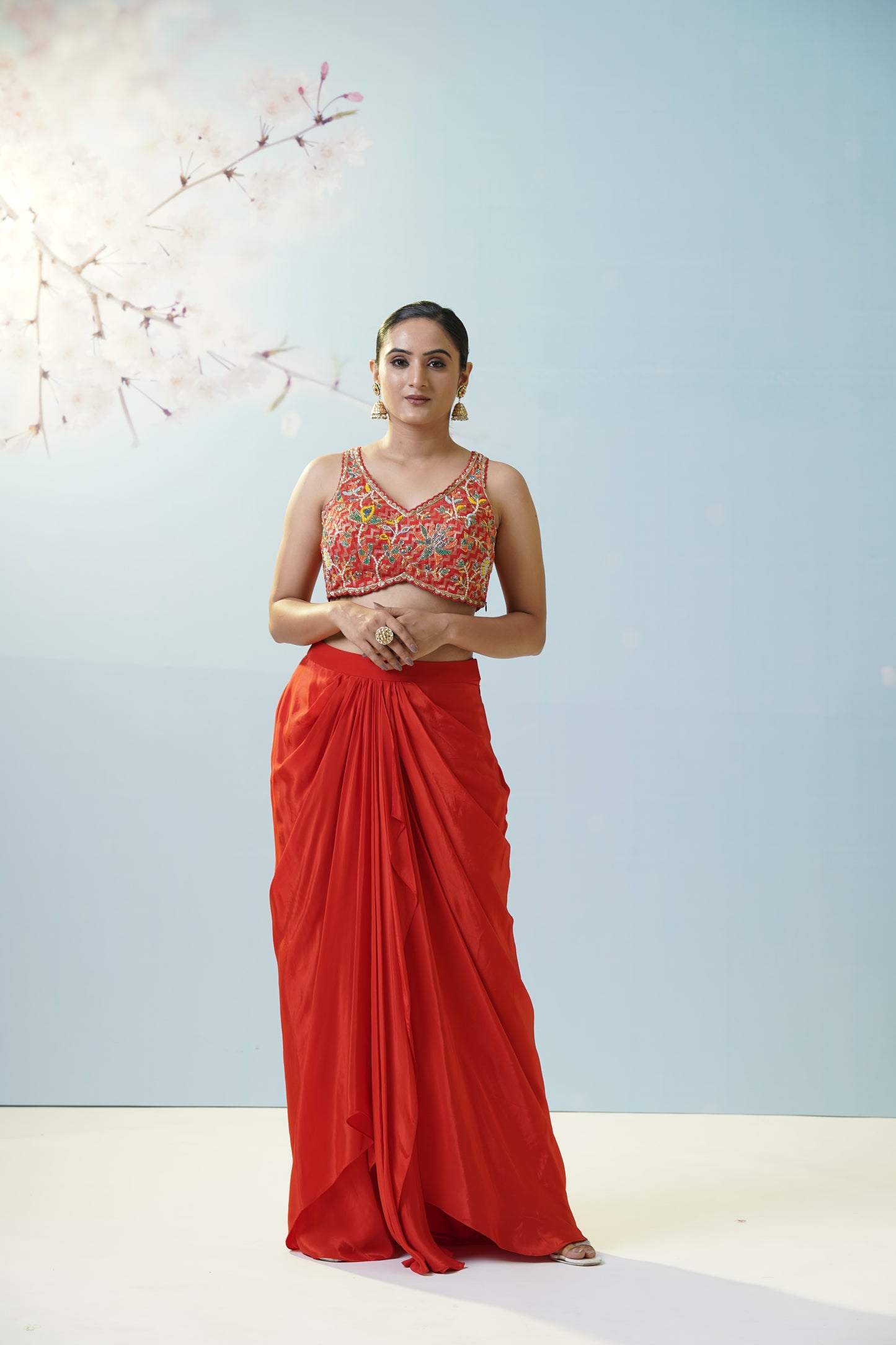 Red Draped Skirt With Blouse