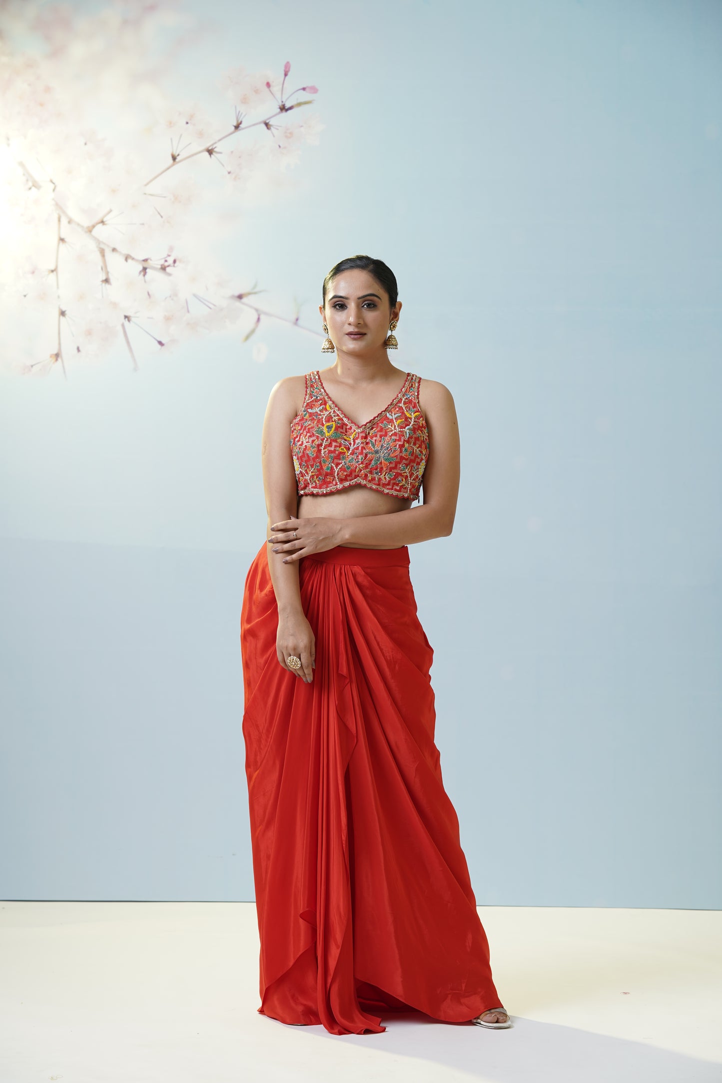 Red Draped Skirt With Blouse