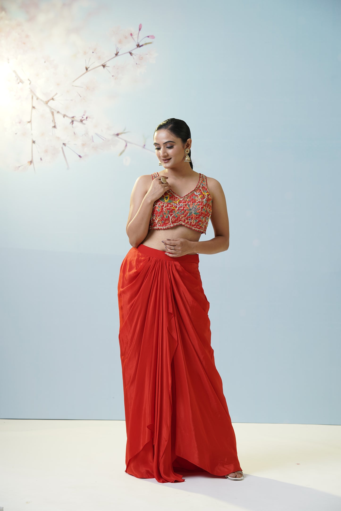 Red Draped Skirt With Blouse