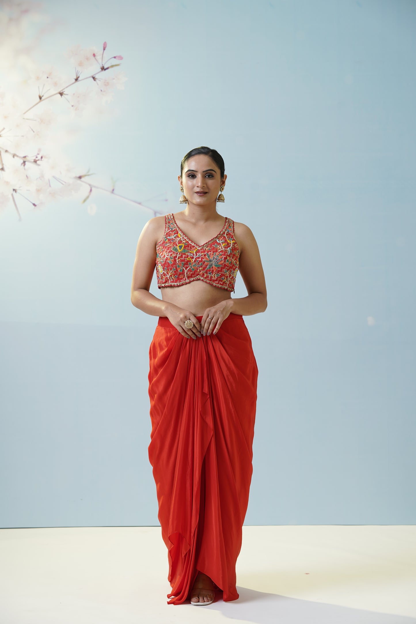 Red Draped Skirt With Blouse