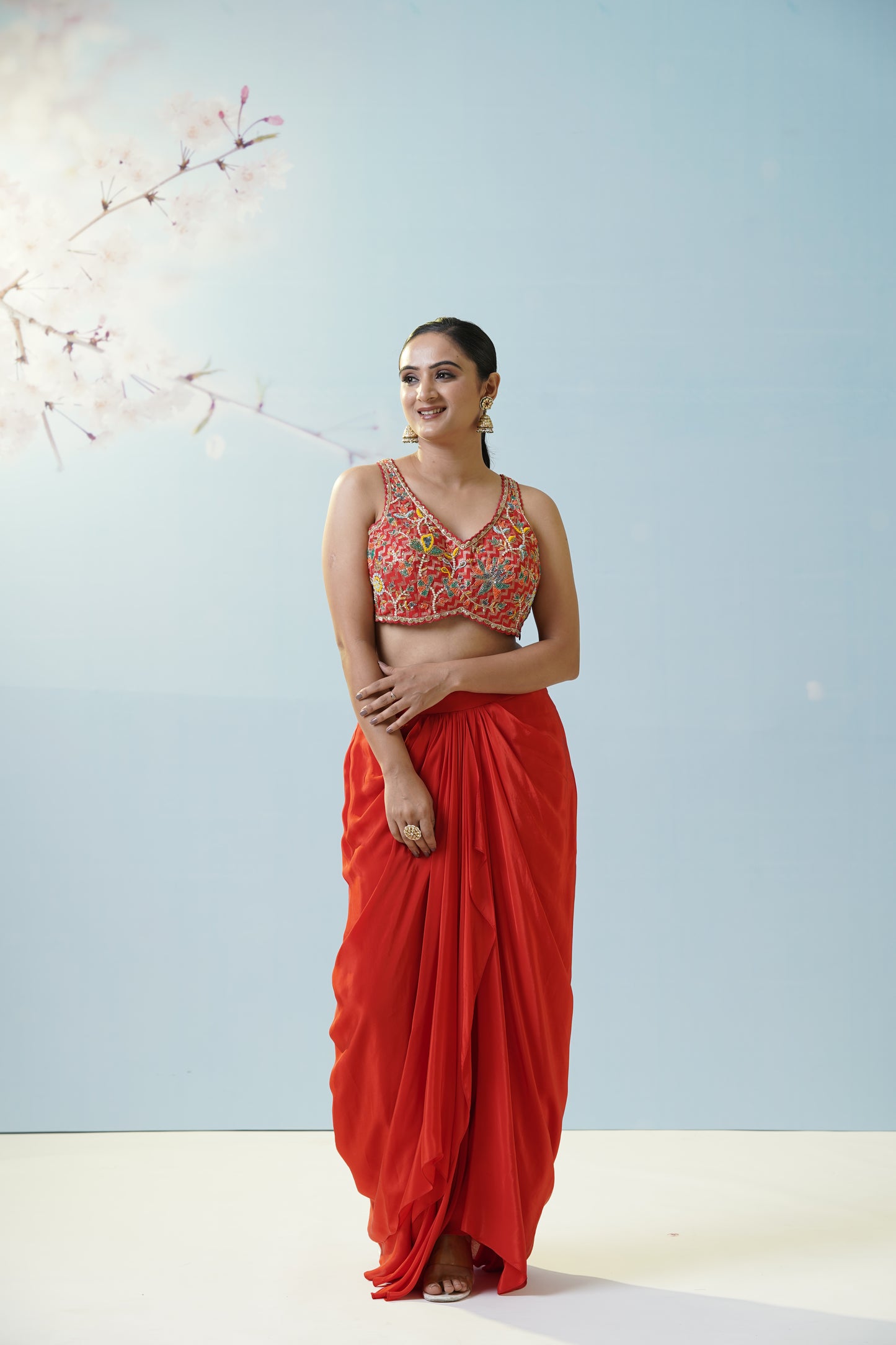 Red Draped Skirt With Blouse