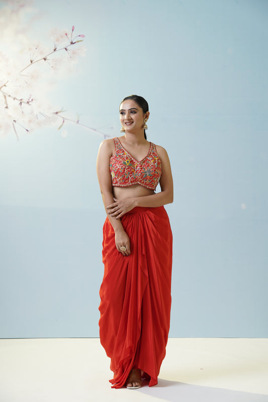 Red Draped Skirt With Blouse
