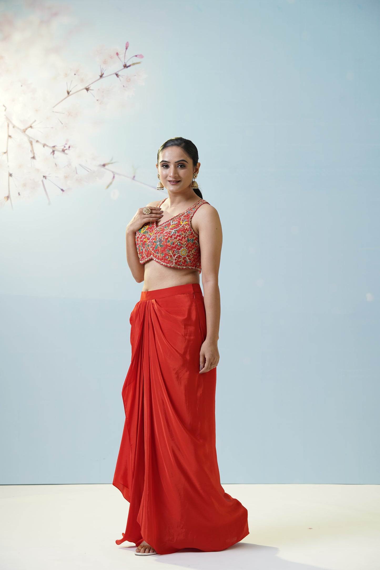 Red Draped Skirt With Blouse