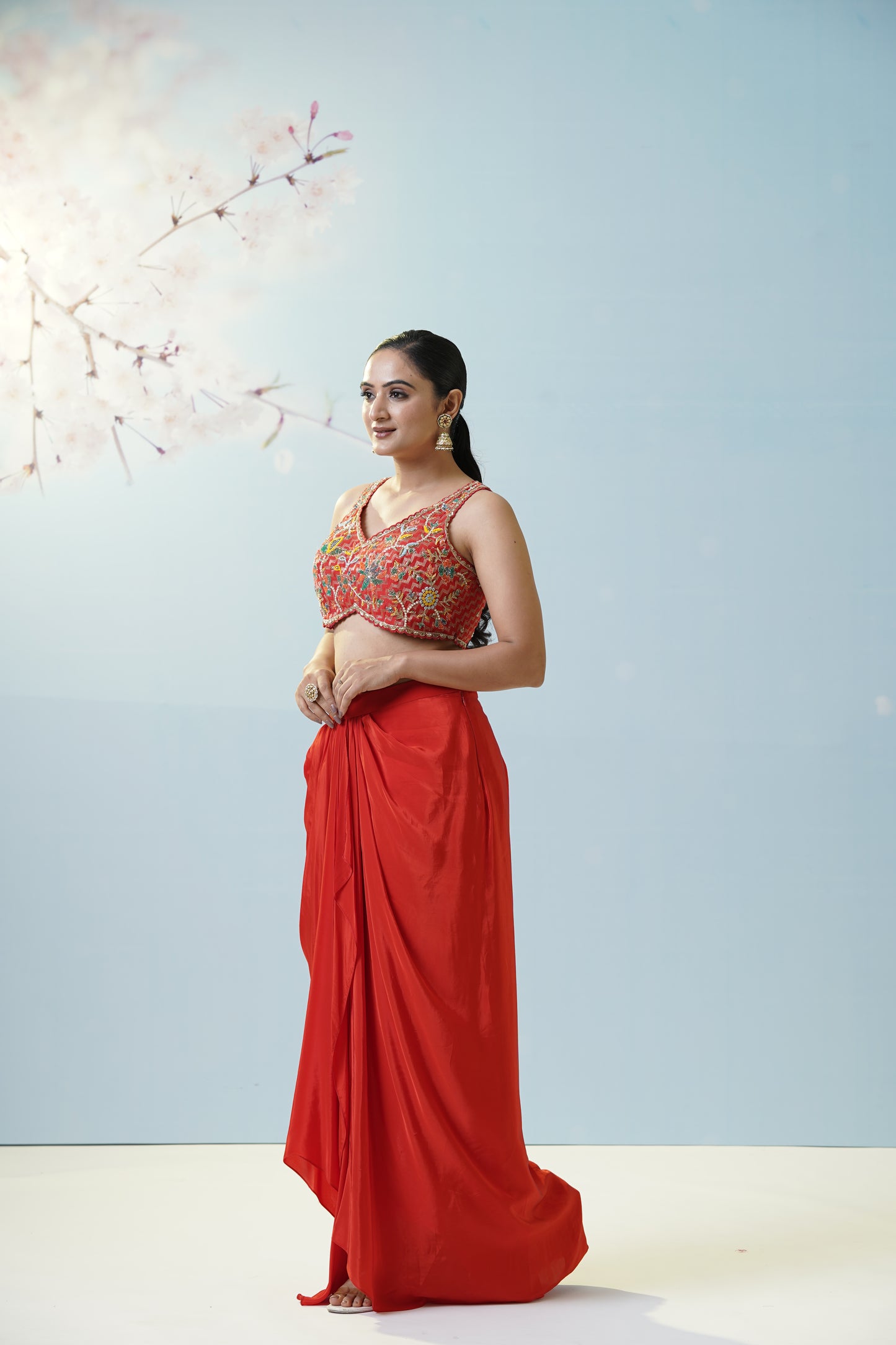 Red Draped Skirt With Blouse