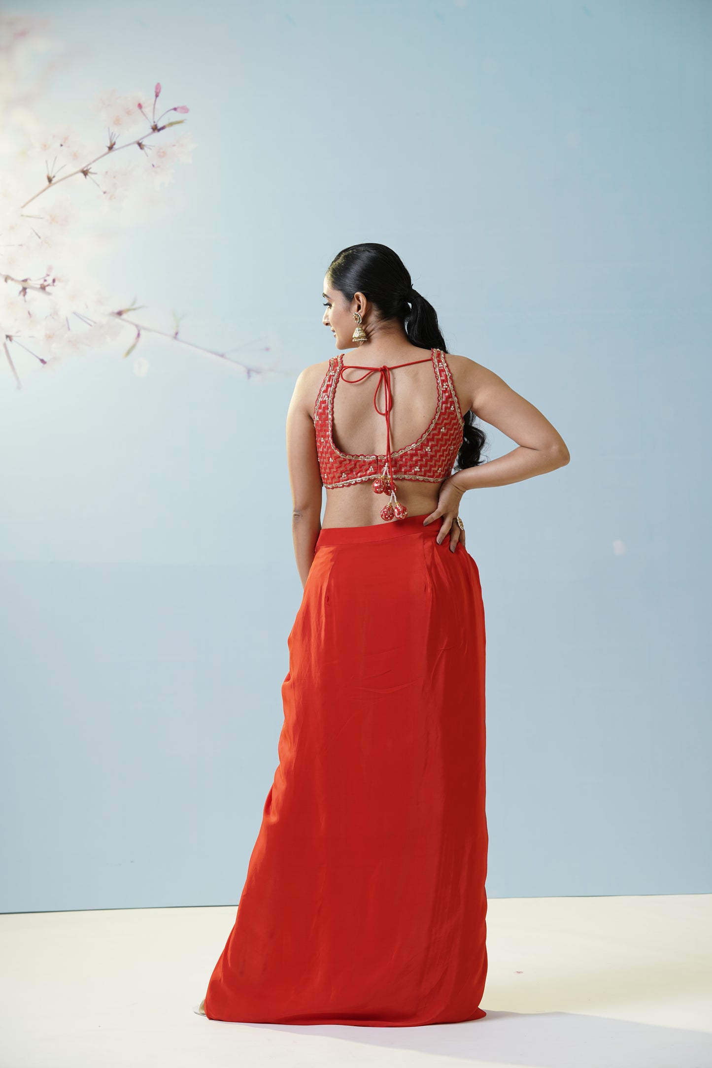 Red Draped Skirt With Blouse