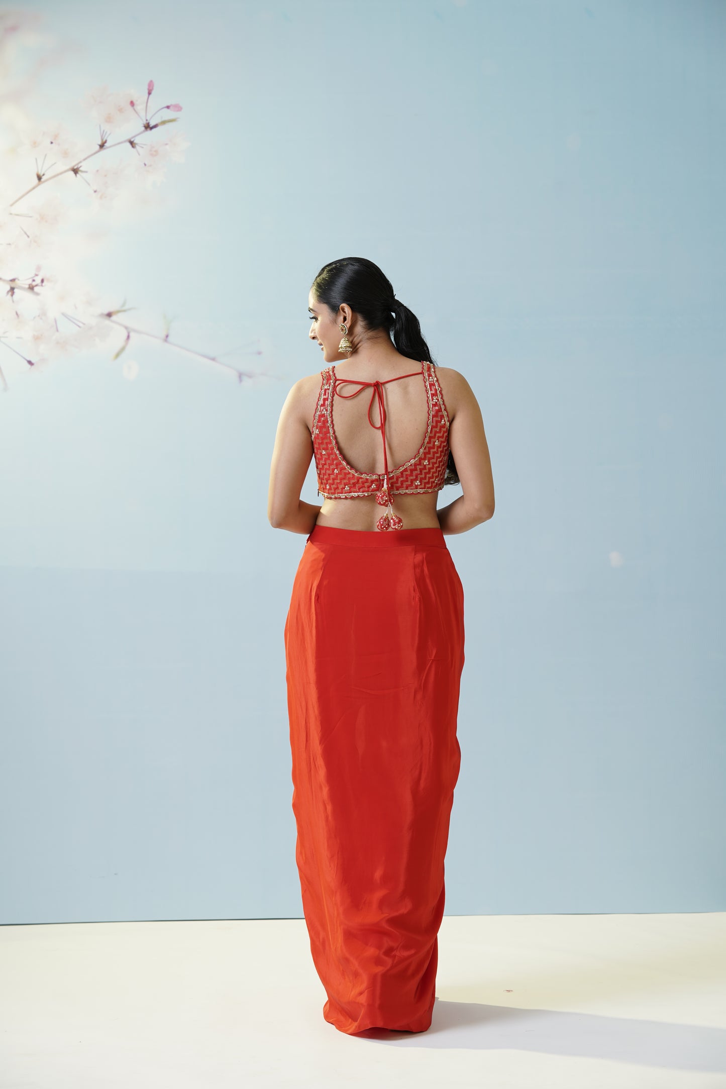 Red Draped Skirt With Blouse