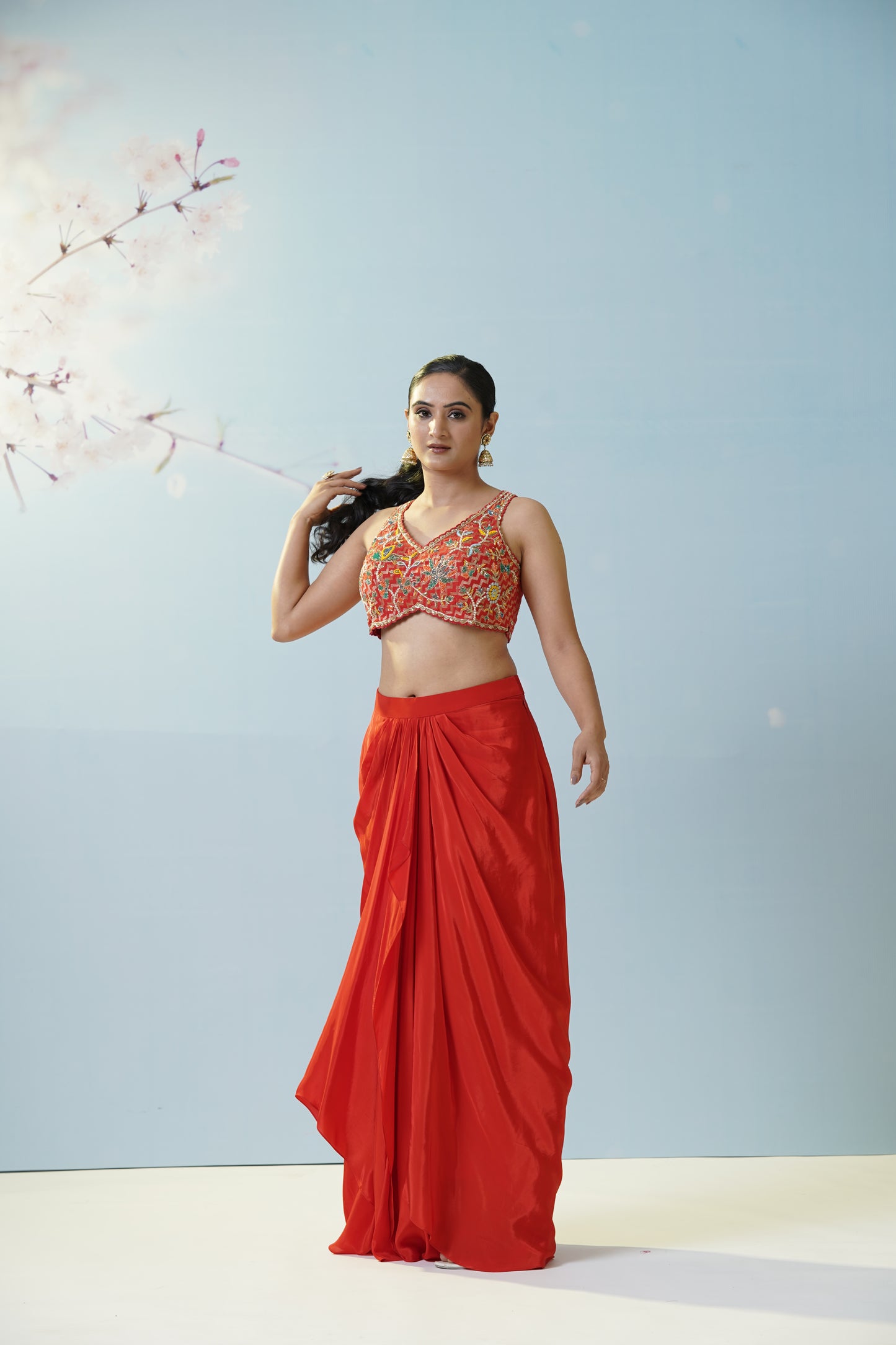 Red Draped Skirt With Blouse