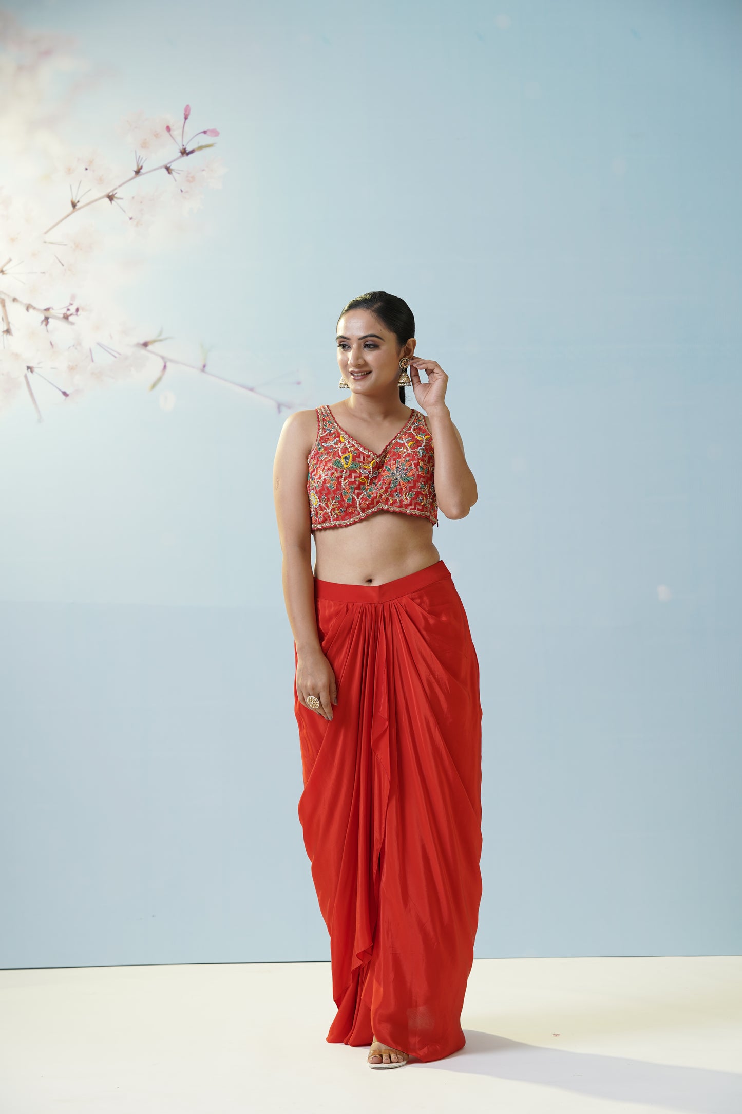 Red Draped Skirt With Blouse