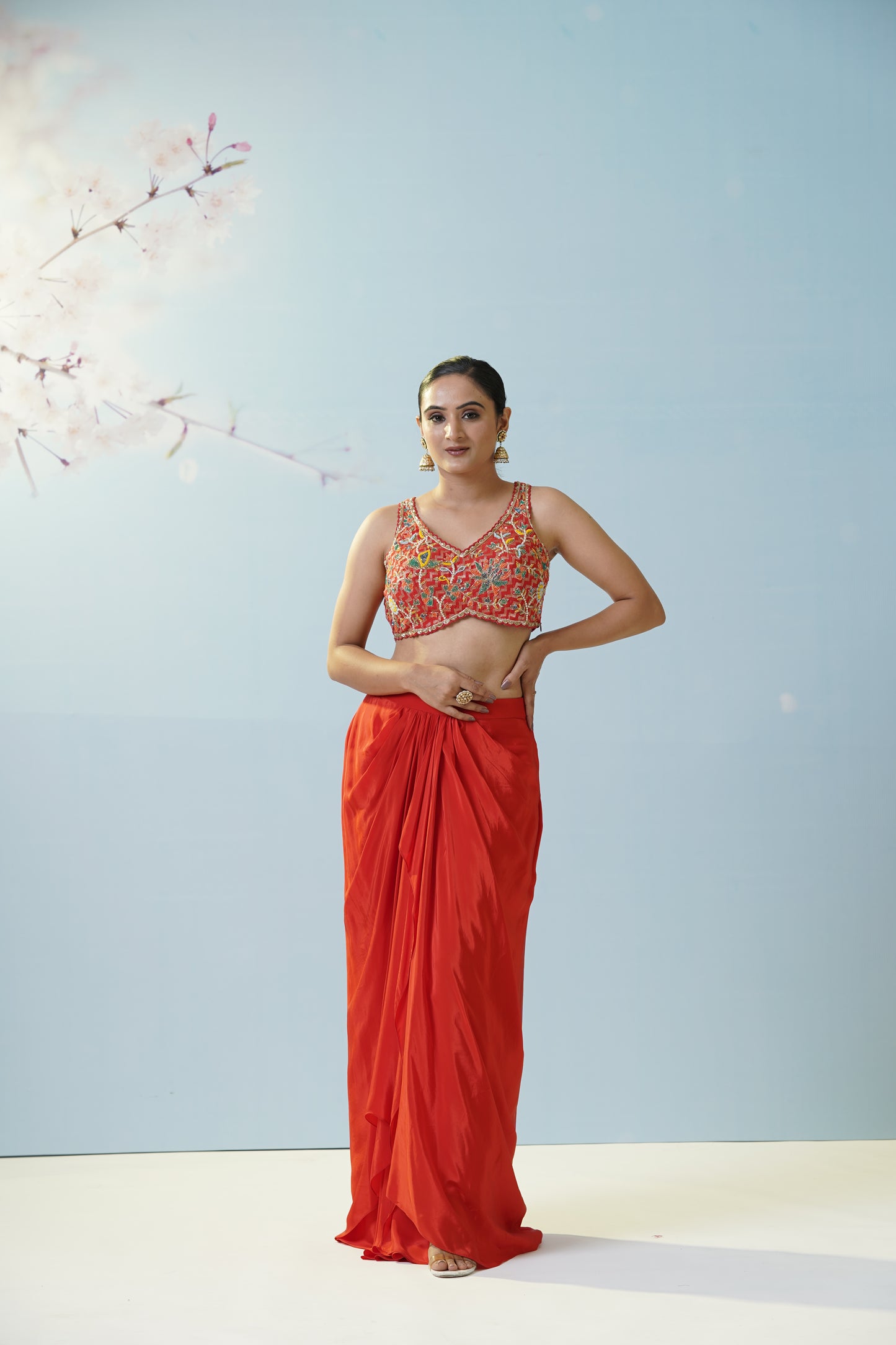 Red Draped Skirt With Blouse