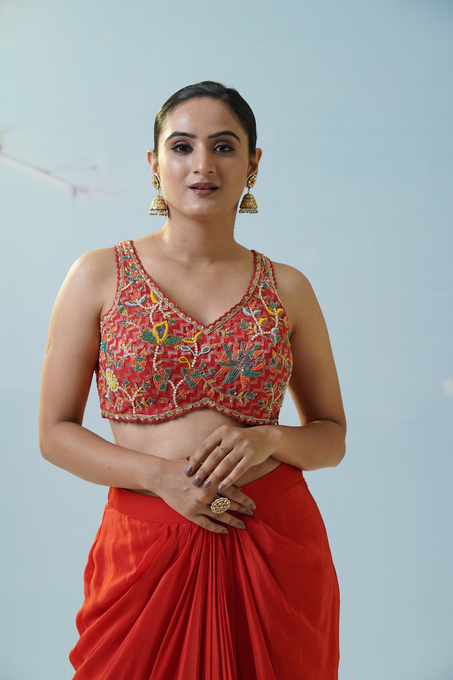 Red Draped Skirt With Blouse