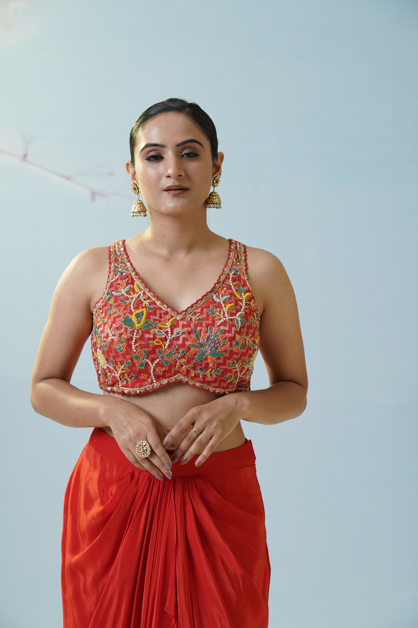 Red Draped Skirt With Blouse