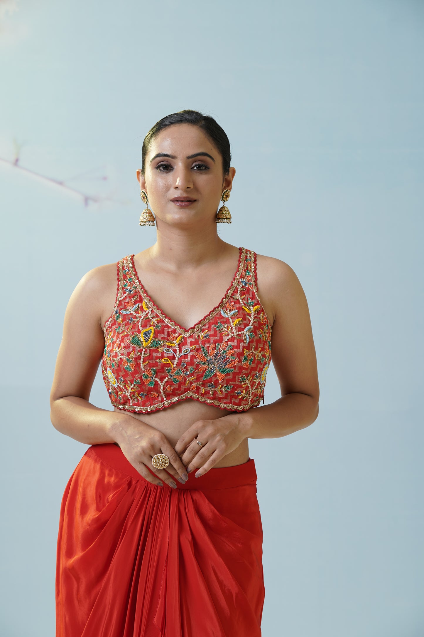 Red Draped Skirt With Blouse