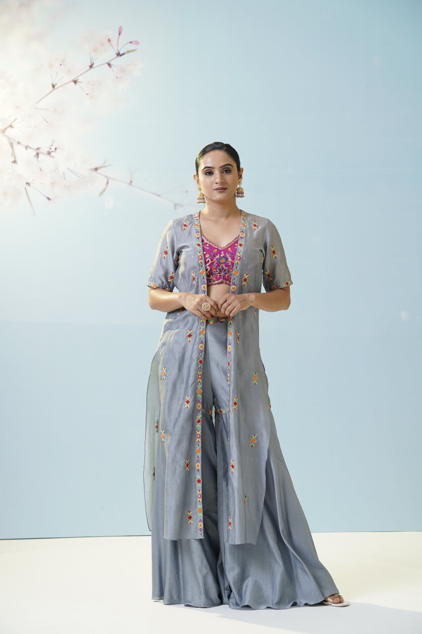 Grey Pink Ruched Palazzo Set