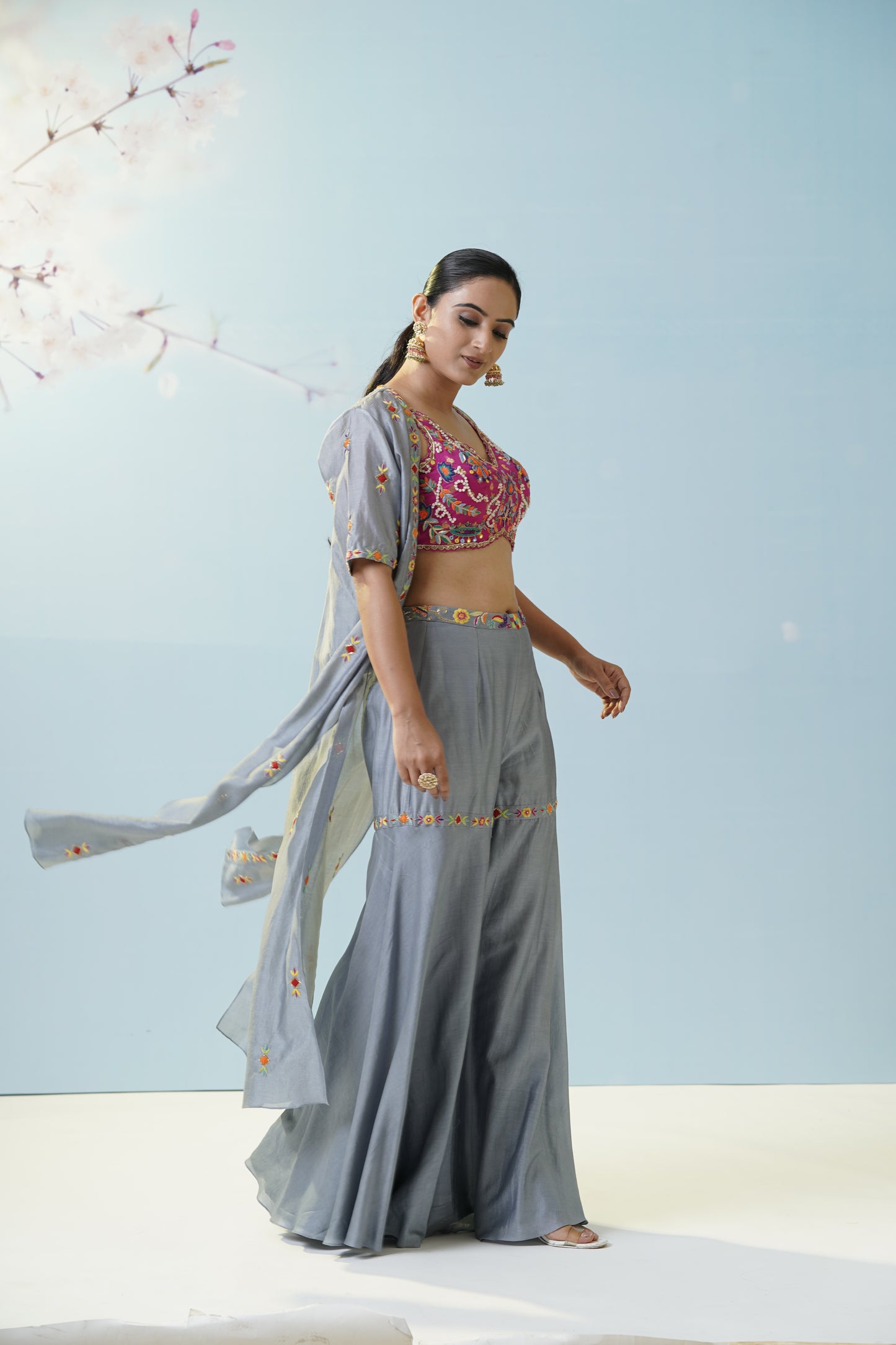 Grey Pink Ruched Palazzo Set