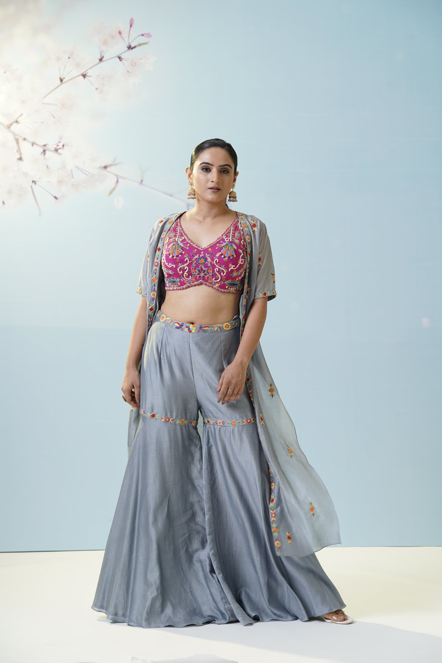 Grey Pink Ruched Palazzo Set