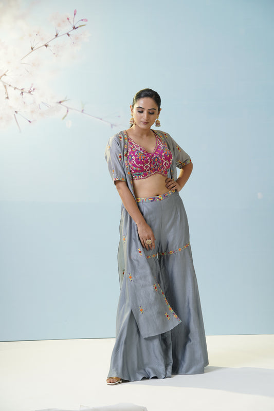 Grey Pink Ruched Palazzo Set