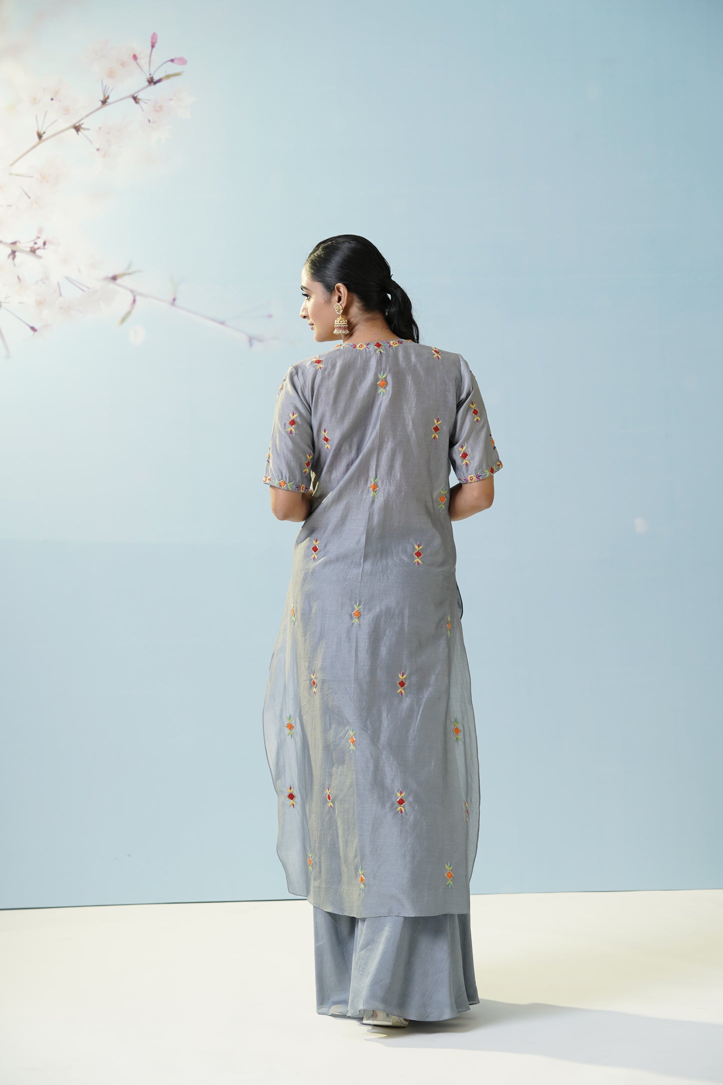 Grey Pink Ruched Palazzo Set