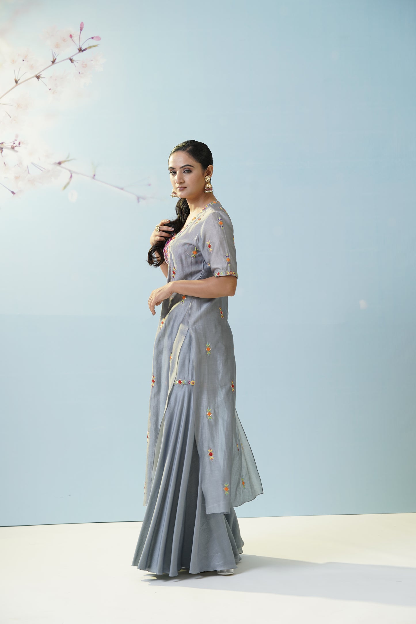 Grey Pink Ruched Palazzo Set