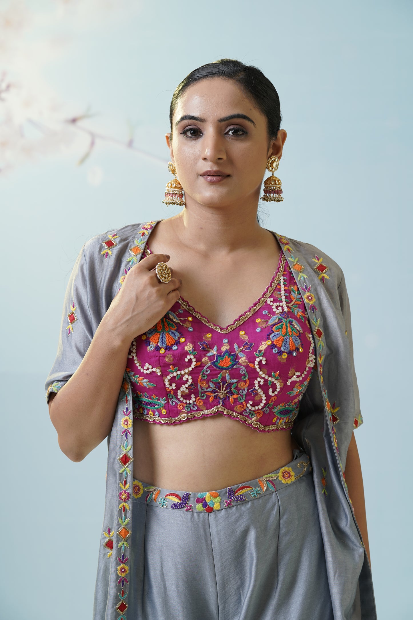 Grey Pink Ruched Palazzo Set