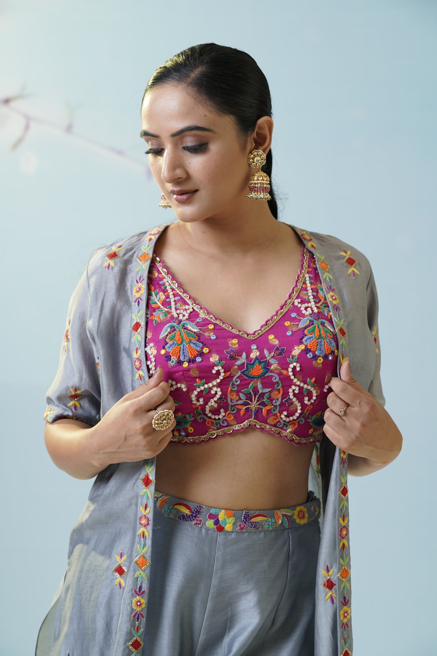 Grey Pink Ruched Palazzo Set