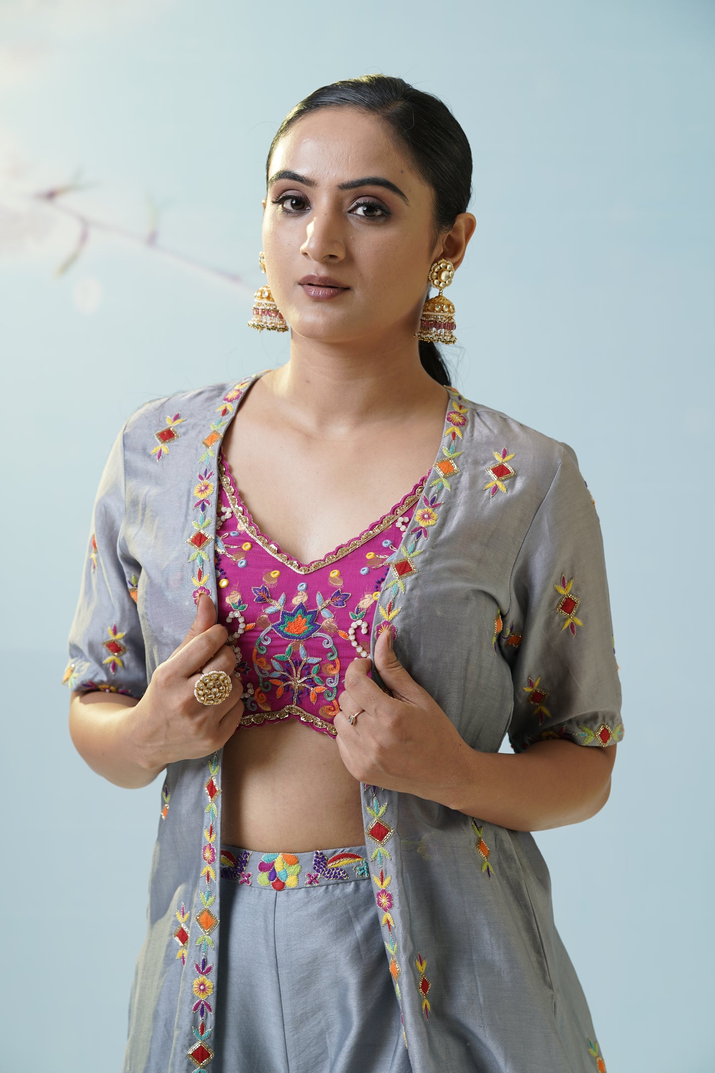 Grey Pink Ruched Palazzo Set