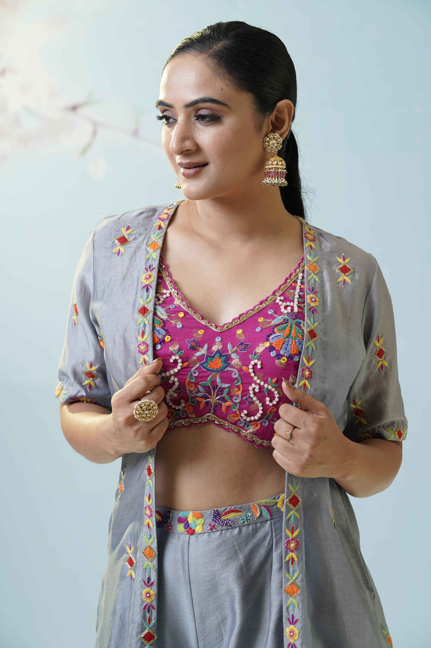 Grey Pink Ruched Palazzo Set