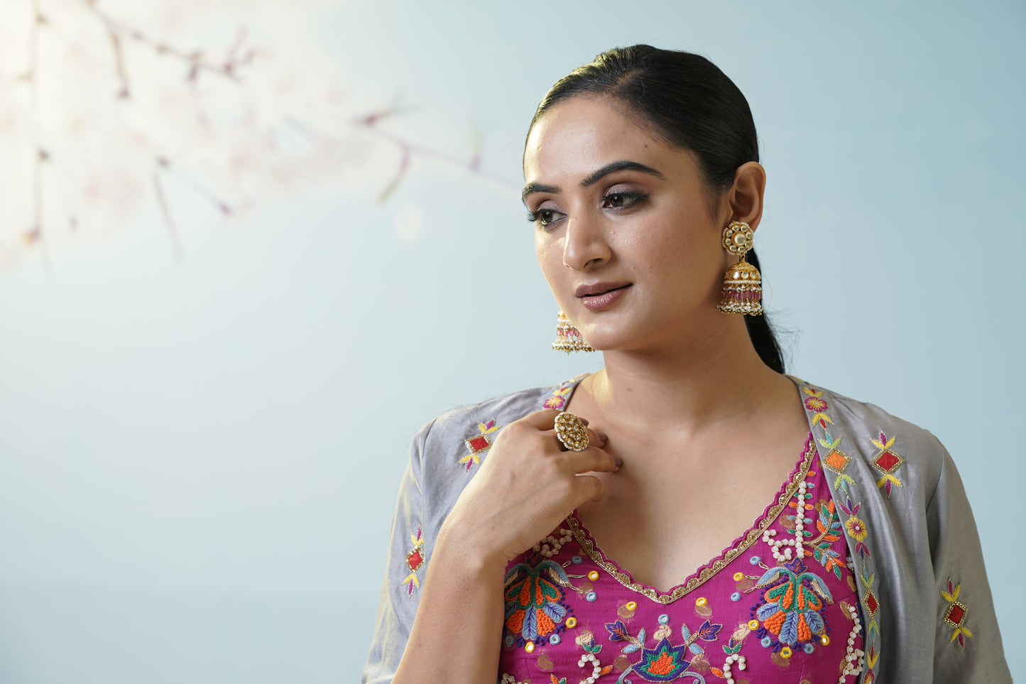 Grey Pink Ruched Palazzo Set