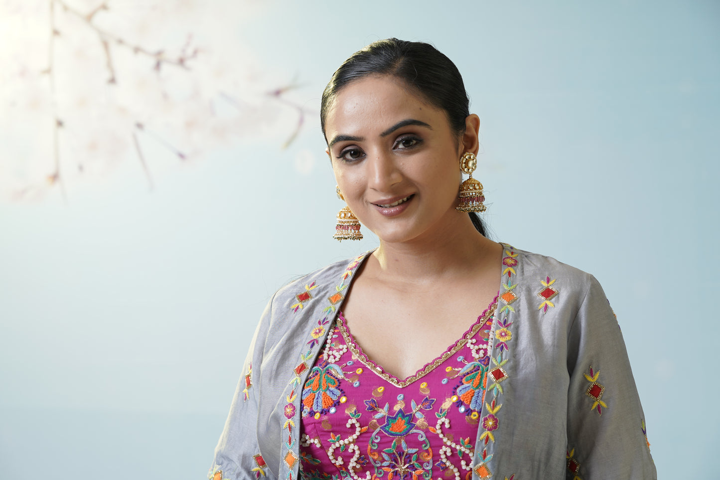 Grey Pink Ruched Palazzo Set