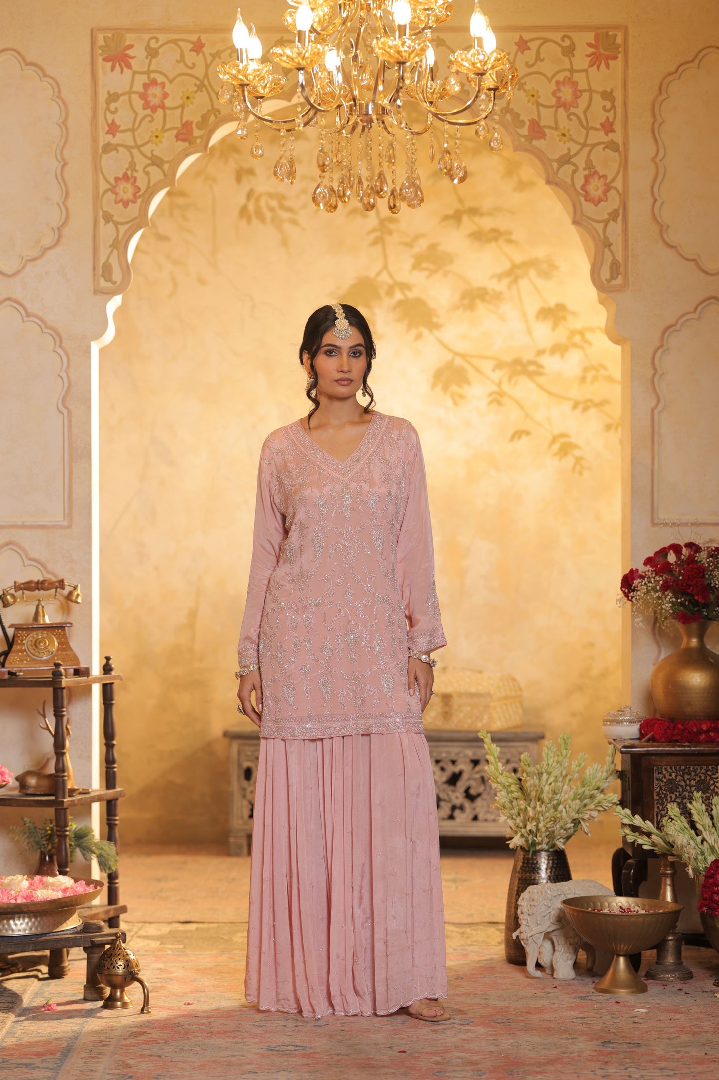 Pink Cutdana Embroidered Sharara Kurti Set