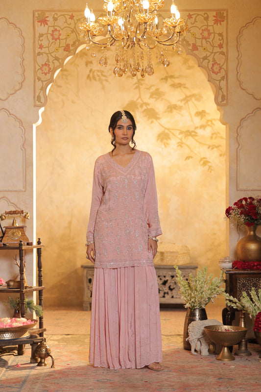 Pink Cutdana Embroidered Sharara Kurti Set