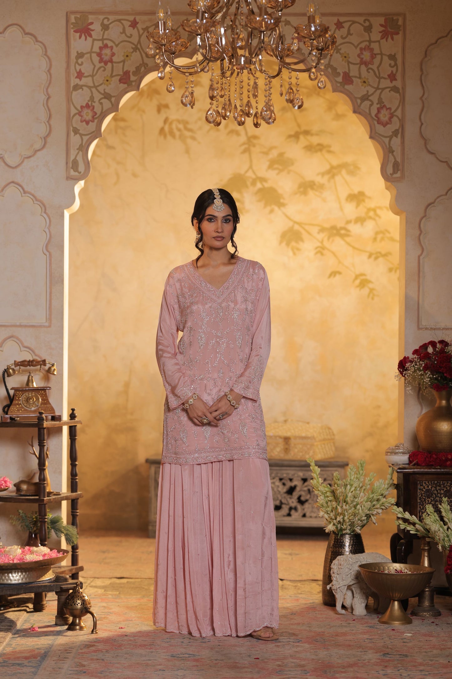 Pink Cutdana Embroidered Sharara Kurti Set