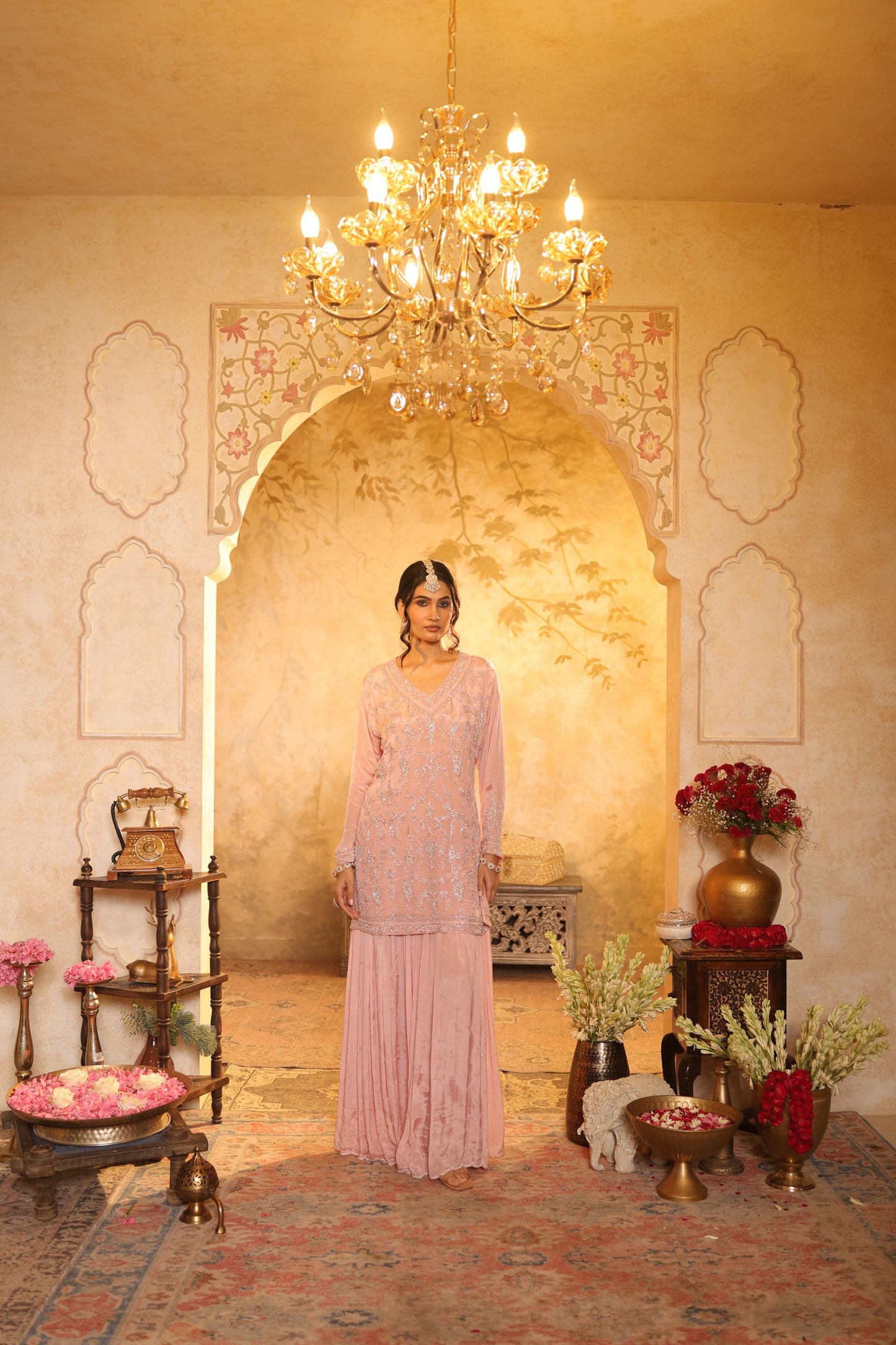 Pink Cutdana Embroidered Sharara Kurti Set