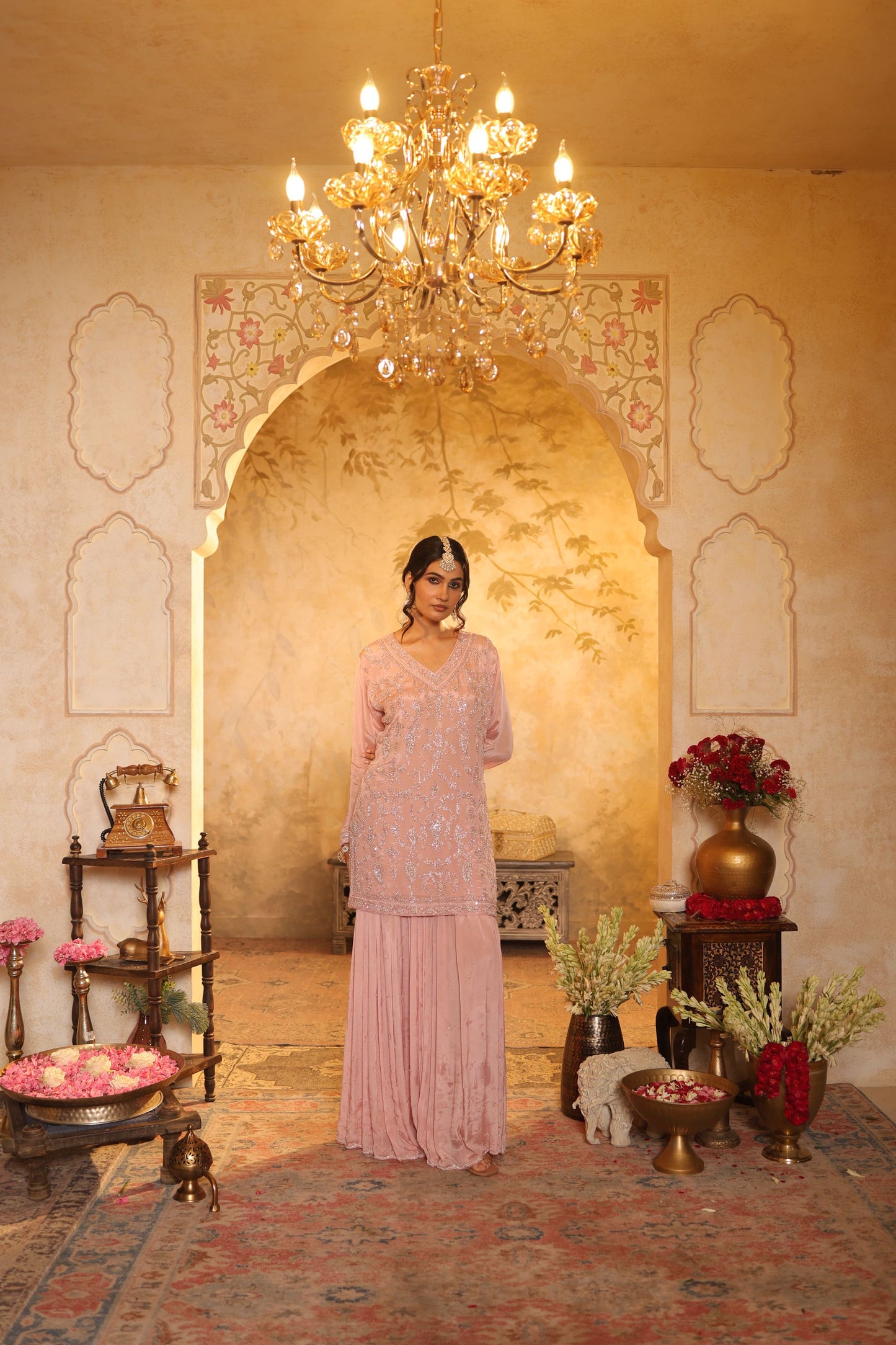 Pink Cutdana Embroidered Sharara Kurti Set