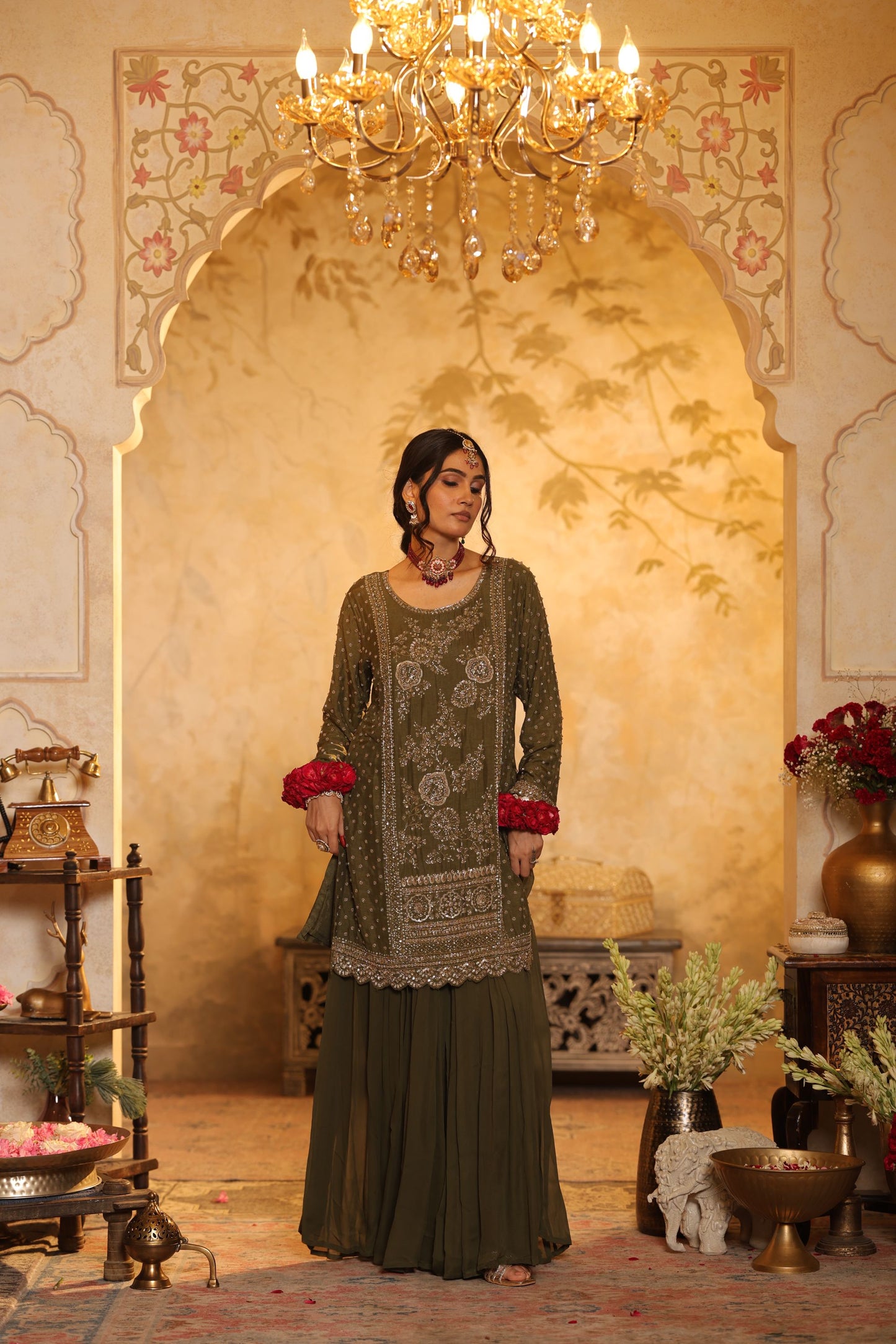 Green Cutdana Embroidered Sharara Kurti Set